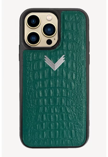 Кожен калъф за Iphone 13 Pro - Зелен/Сребрист