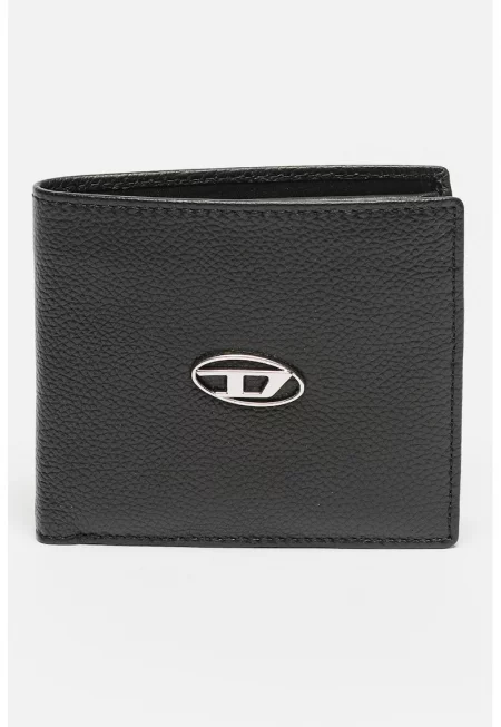 Кожен портфейл Hiresh II с двойно прегъване и лого - Черен/Сребрист