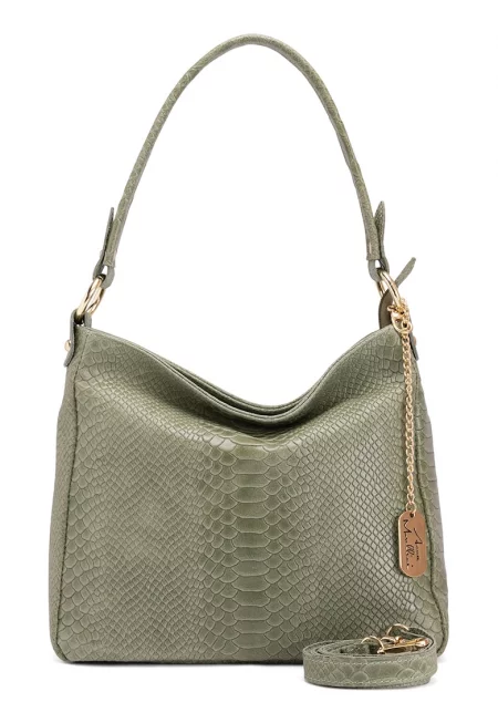 Кожена чанта за рамо Dania с шагрен - Зелени аспержи