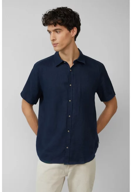 Ленена риза с остра яка - Тъмносин