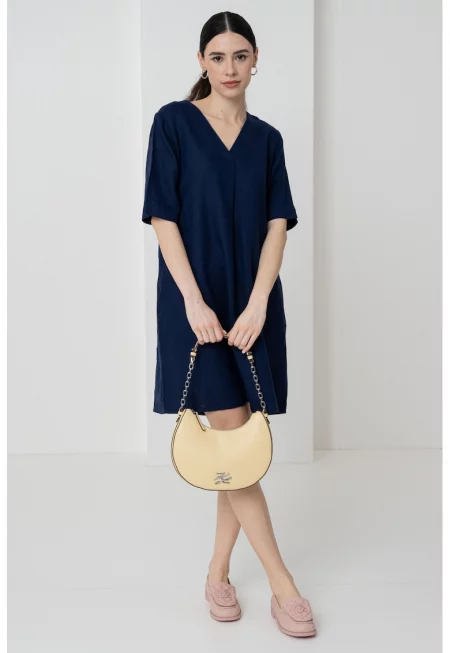 Ленена рокля с шпиц - Тъмносин