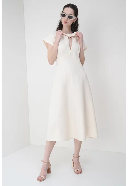 Миди рокля с лиосел и лен - Бледожълт