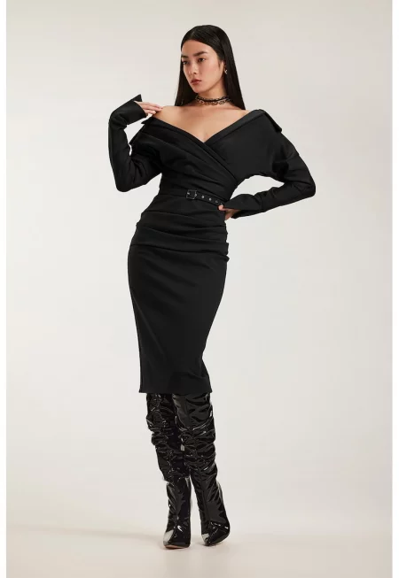 Миди рокля с рюш - Черен