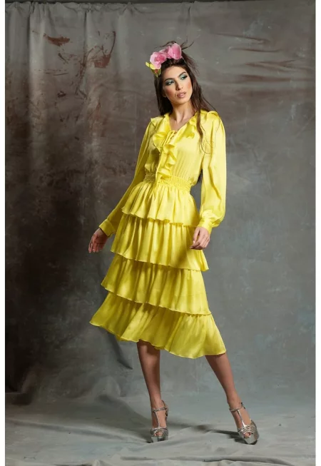 Миди рокля Soleil с волани - Жълт