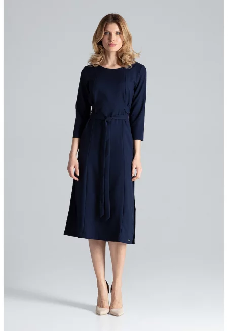 Миди рокля  тъмносиня - елегантна - с цепки - полиестер
