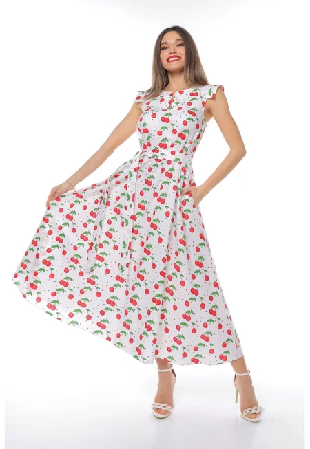 Памучна миди рокля с връзка - Червен/Бял/Зелен
