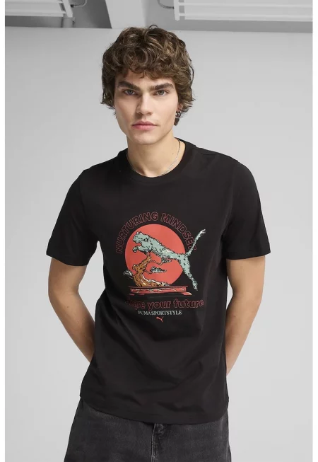 Памучна тениска с овално деколте - Черен/Корал