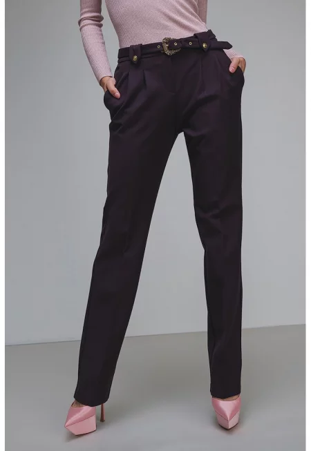 Прав панталон с колан и басти - Тъмновиолетов