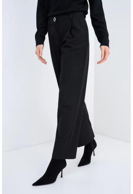 Прав панталон с висока талия и басти - Черен