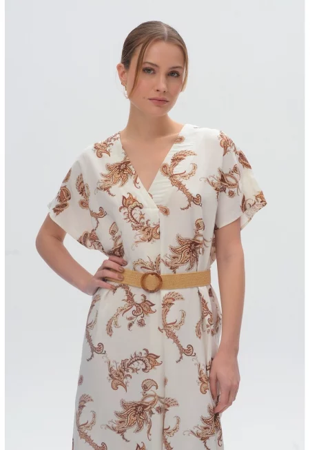 Права шпиц рокля с лен - Кафяв - Мръснобял -