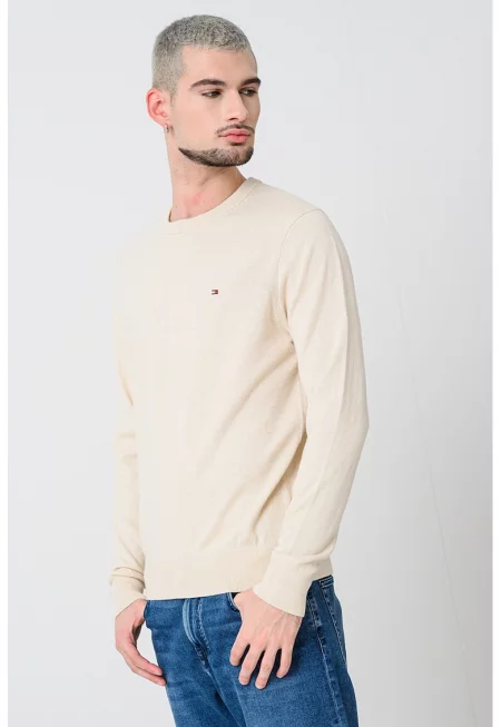 Пуловер с органичен памук и кашмир с овално деколте - Бежов