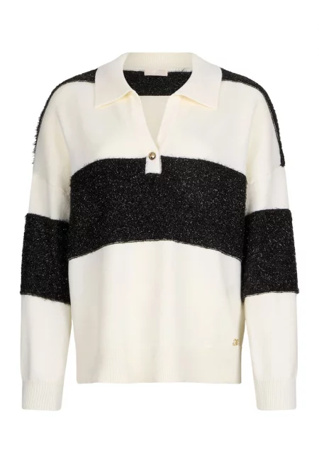 Пуловер с яка и паднали ръкави - Бял/Черен