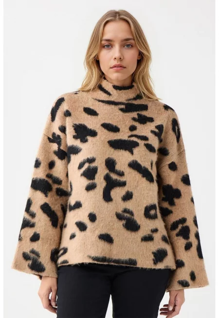 Пуловер с животинска шарка и паднали ръкави - Черен/Светлокафяв