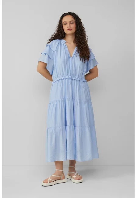 Разкроена миди рокля с набирания - Пастелносин