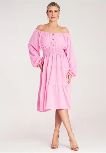 Разкроена рокля -  с волани - розово - полиестер -