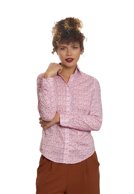 Риза с дълги ръкави и десен - Бял/Фуксия