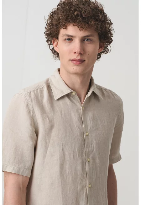 Риза с лен с къси ръкави - Слонова кост