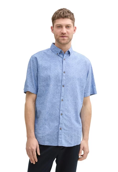 Риза с лен с къси ръкави - Светлосин