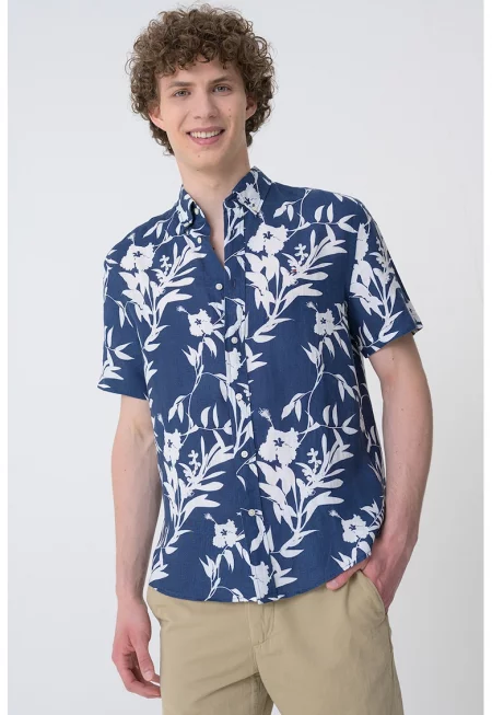 Риза с принт и къси ръкави - Бял/Тъмносин