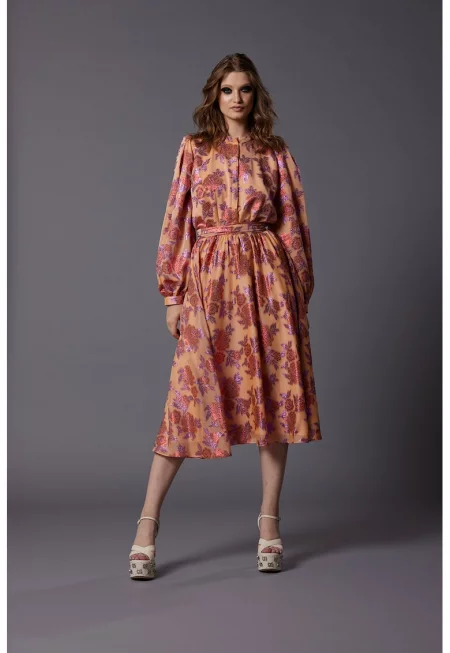 Рокля Citrus с коприна и бухнали ръкави - Праскова/Лилав/Прашно розово