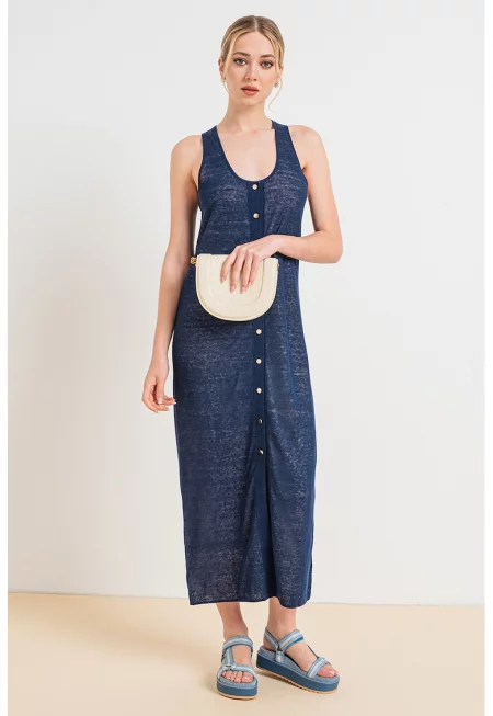 Рокля с дълбоко овално деколте - Ултрамарин синьо