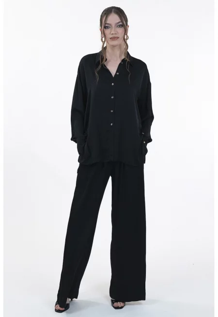 Широк панталон със странични джобове - Черен
