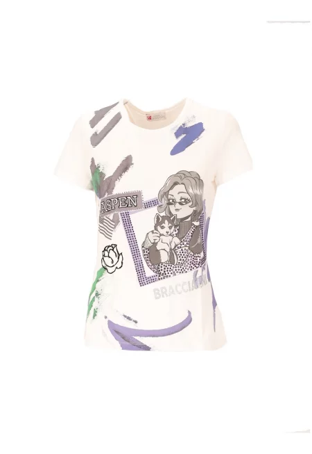 Слим тениска с декоративни камъни - Бял