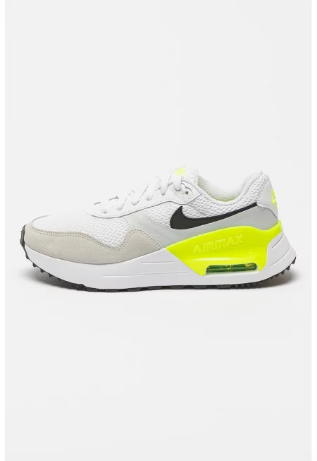 Спортни обувки Air Max System с мрежести зони и велур - Бял/Сив/Неоново зелено