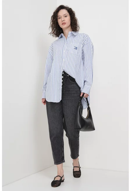 Свободна раирана риза с органичен памук - Бял/Син