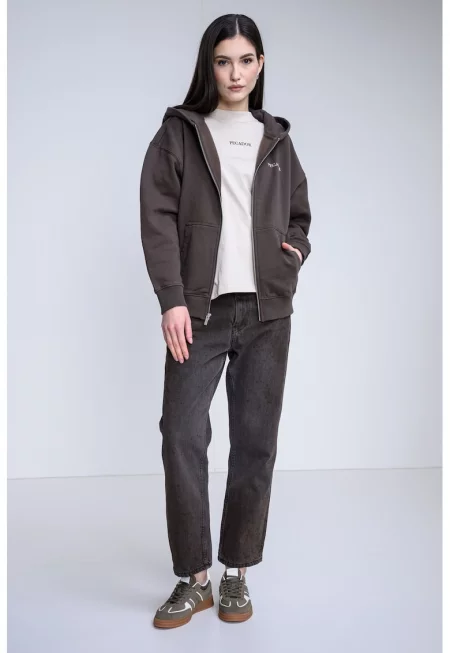 Свободно худи с цип и лого - Тъмнокафяв