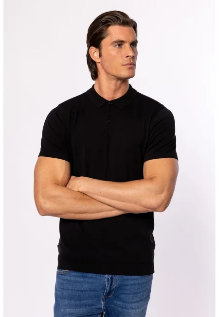 Тениска от памук с яка - Черен