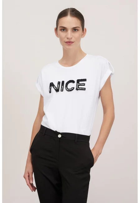 Тениска с памук с апликиран надпис - Бял