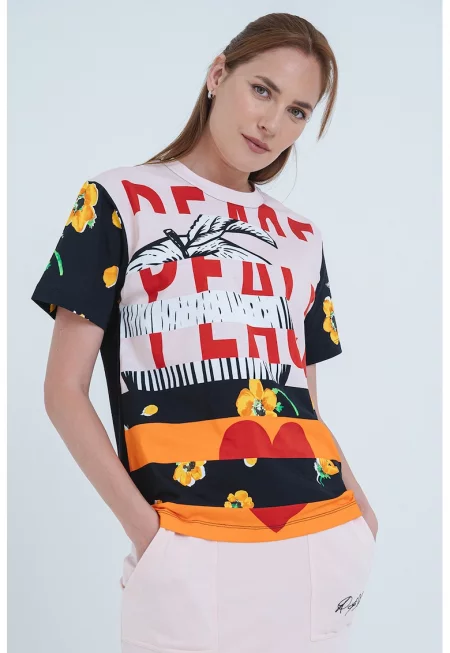 Тениска с принт - Червен/Черен/Оранжев