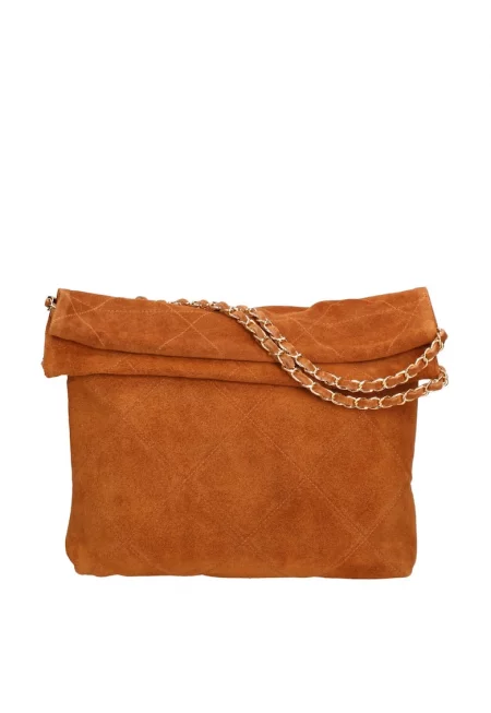 Велурена чанта за рамо с презрамка с верижка - Тъмнокафяв