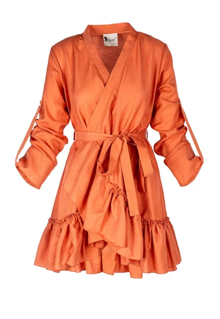 Wrap Dress With Ruffles & Wide Cuffs - Оранжев