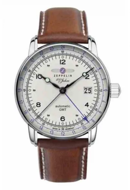 Автоматичен мъжки часовник -  100 Jahre 86661 - неръждаема стомана/естествена кожа - 43 mm - сребрист/кафяв