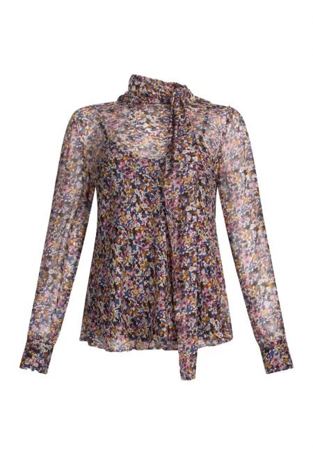 Блуза с коприна с шифон - Розово/Син