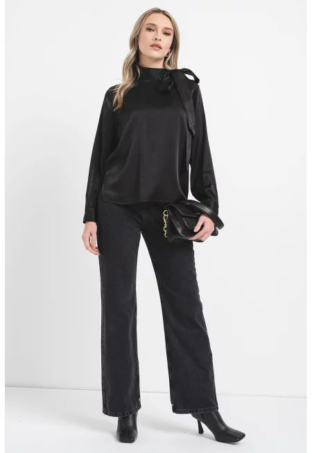 Блуза с панделка - Черен