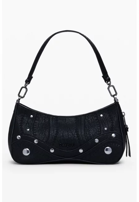 Чанта през рамо от еко кожа с метални детайли - Черен