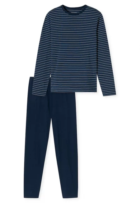 Дълга памучна пижама 168219 на райе - Тъмносин