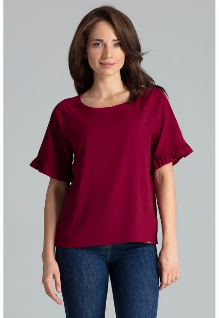 Дамска блуза  Полиестер/Еластан/Вискоза - Къс ръкав - Бордо