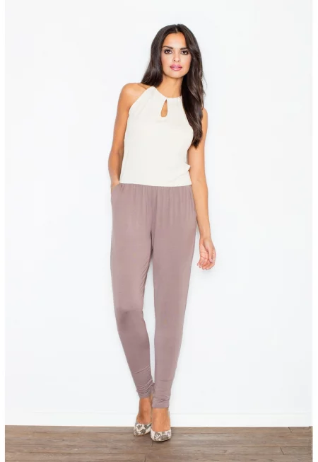 Дамски гащеризон -  елегантен - с джобове - кафяв - вискозен