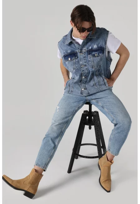 Дънков елек със захабен вид - Избледняло Син