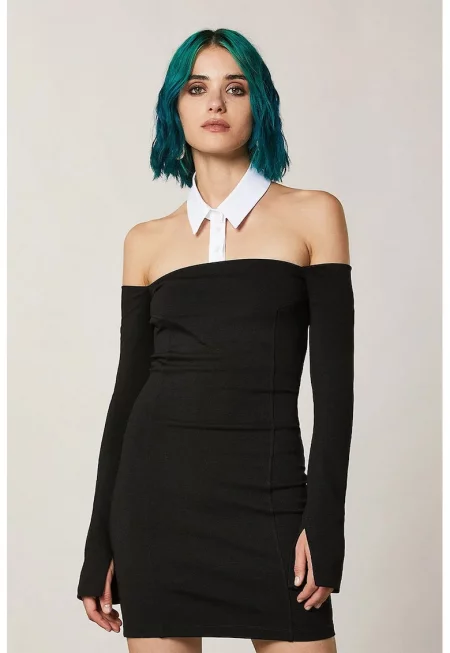 Fitted Mini Dress With Detachable Collar - Черен