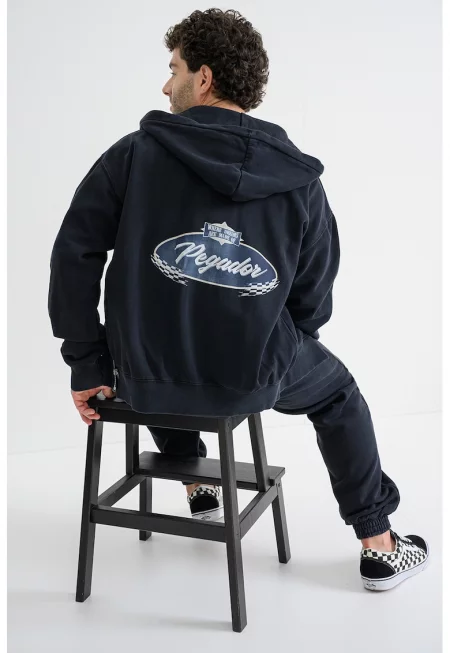 Худи с цип и принт на гърба и паднали ръкави