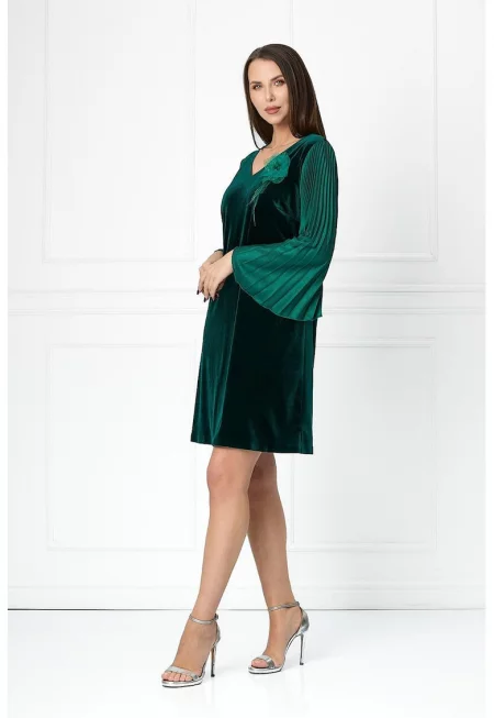 Кадифена къса рокля Aspasia с плисирани ръкави - Тъмнозелен