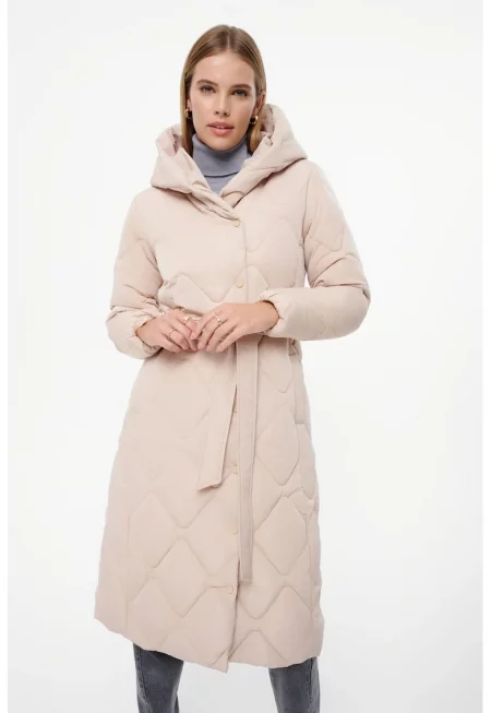 Капитонирано дълго зимно яке с колан - Слонова кост