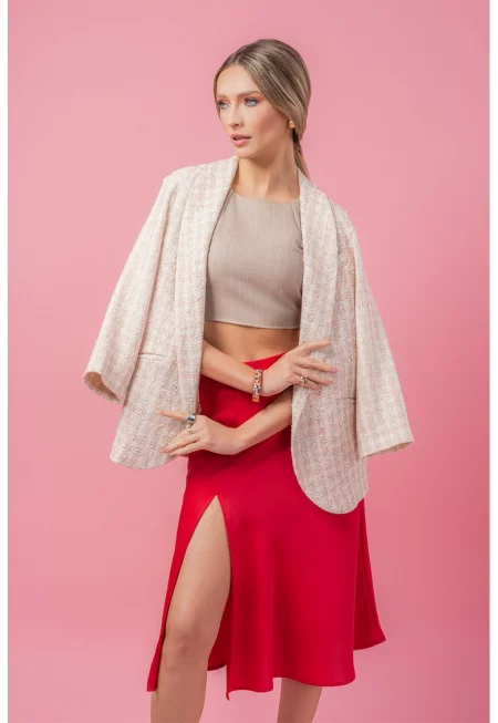 Карирано сако с релеф - Бял/Пастелнорозов