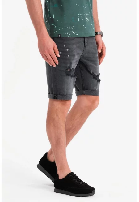 Къс панталон от деним със средновисока талия - Tъмносив