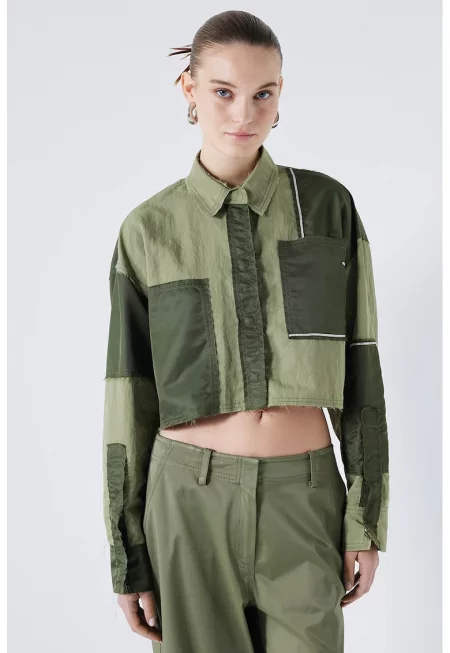 Къса риза с цветен блок - Зелени аспержи